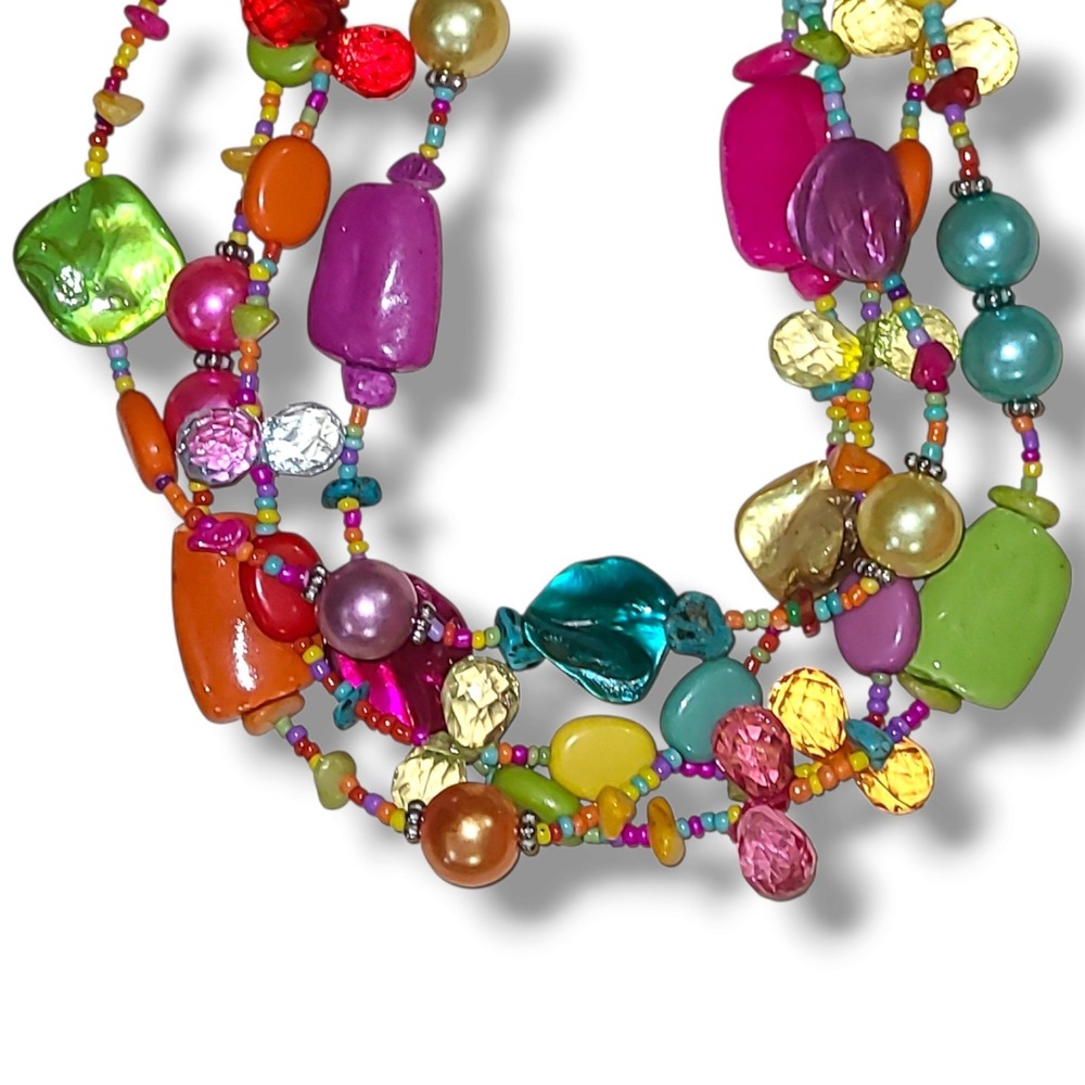 Vintage Colorful Mother Of Pearl & Acrylic Bead Multi-strand Necklace 16"-18"